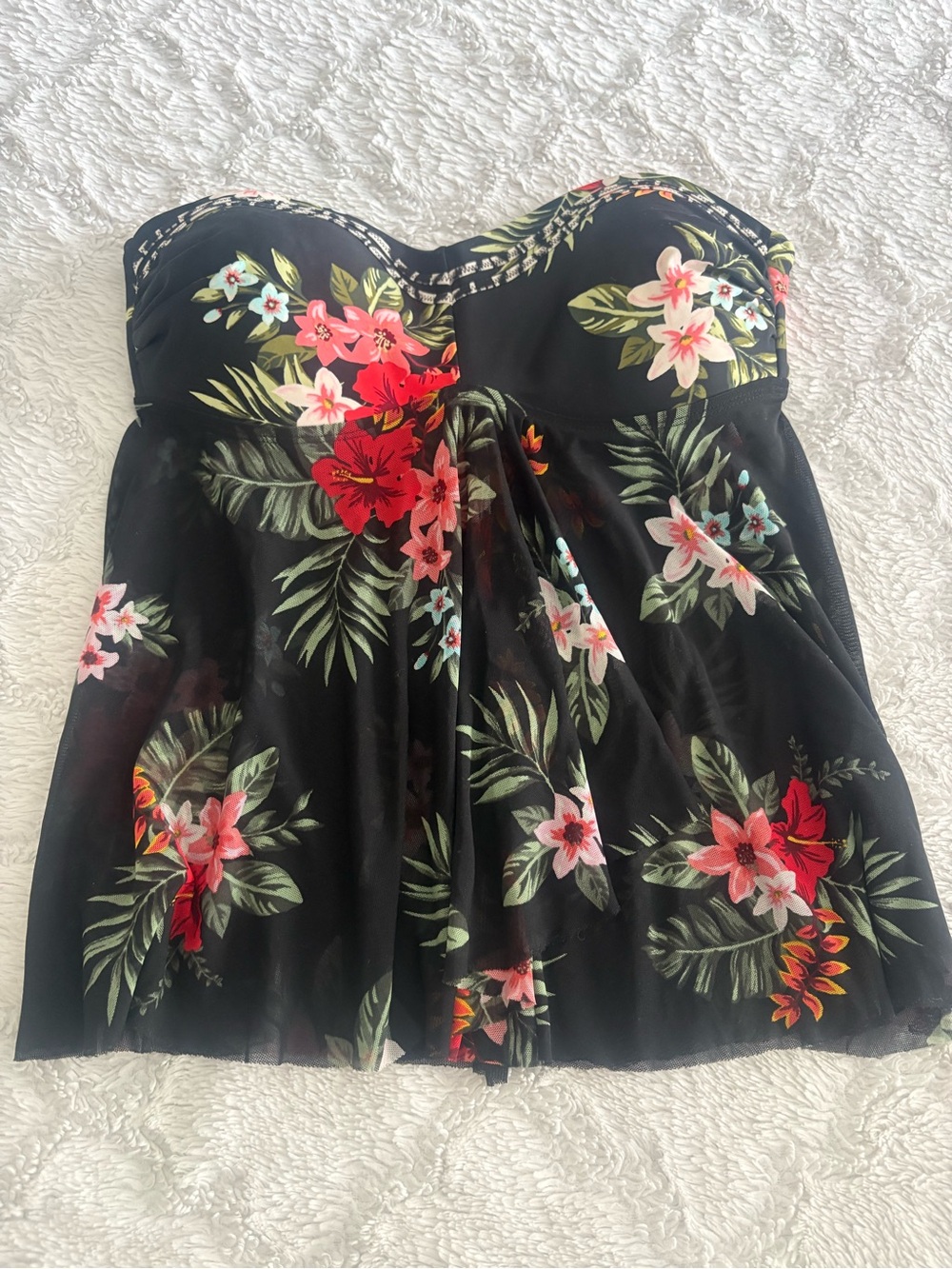Kona Sol Black Floral Strapless Tankini Swimdress Top Med